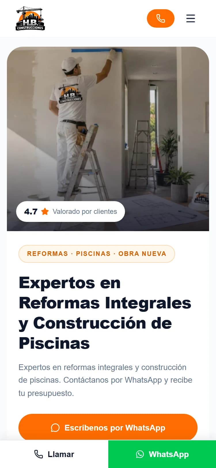 La web de HB Construcciones en el móvil: foto de un operario pintando, titular, botón de WhatsApp y barra fija con Llamar y WhatsApp