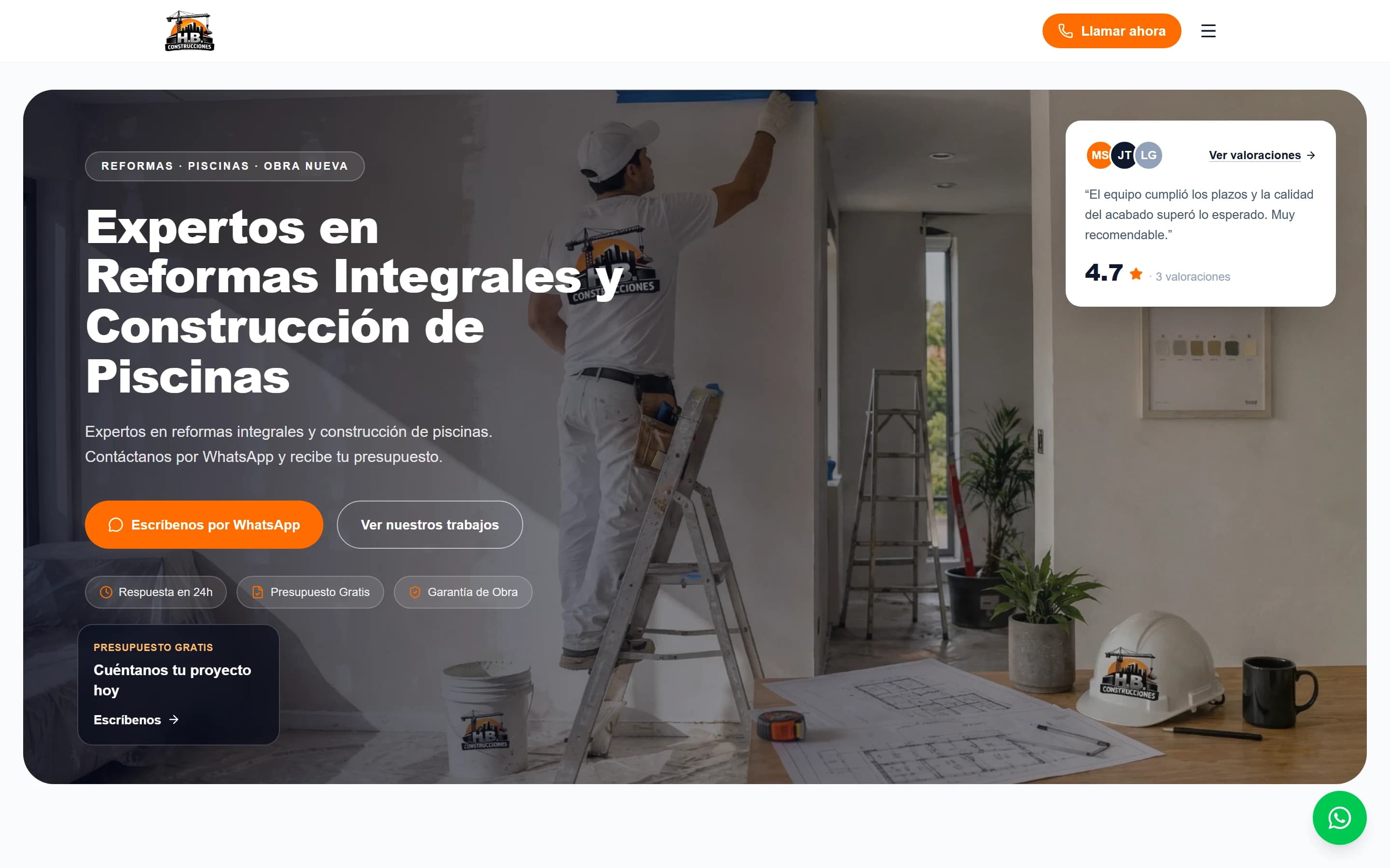 Portada de la web de HB Construcciones en escritorio, con el titular, los botones de WhatsApp y una reseña de clientes